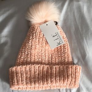 New  Peachy Blush Chenille Hat  with Pom Pom